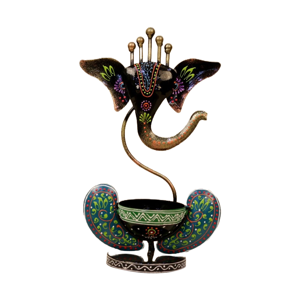 Iron Handcrafted Painted Leaf Ganesh Tealight Candle Stand 11 inches